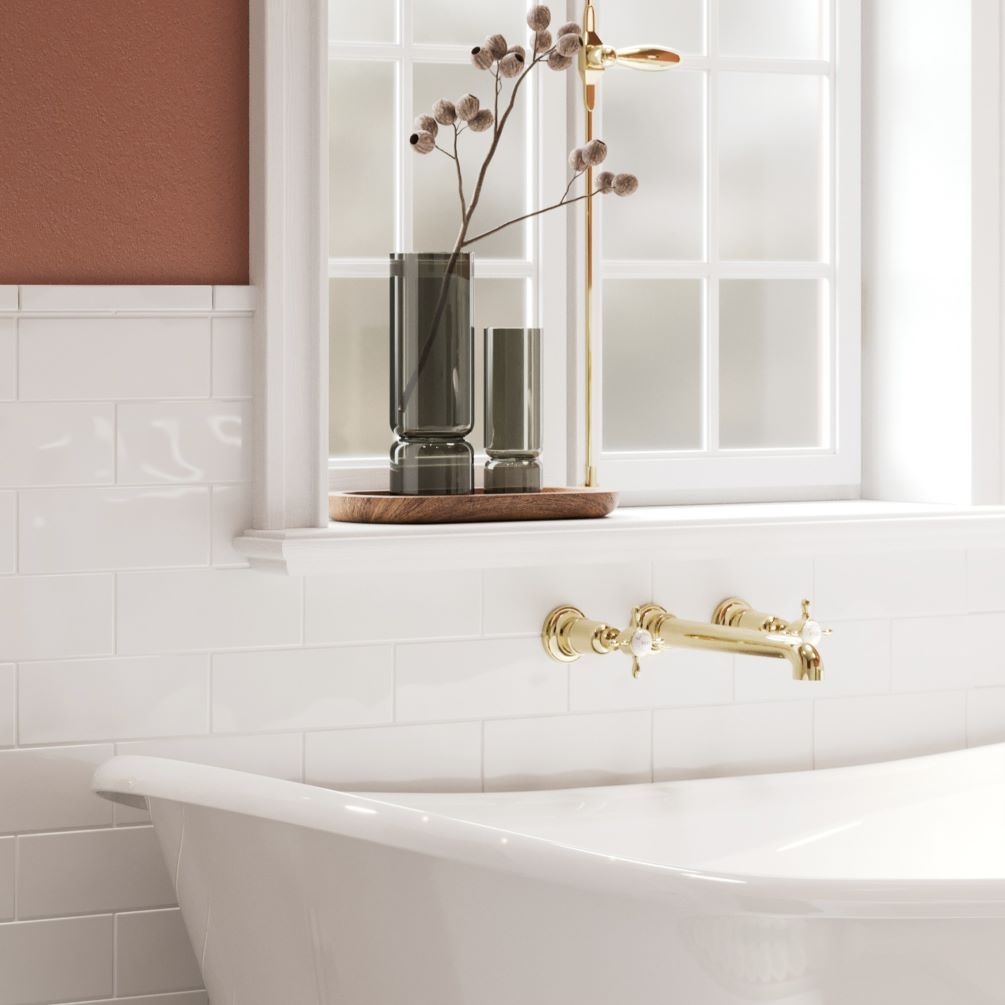 Side lifestyle image of Burlington Guild 3TH Wall Mounted Gold Bath Tap